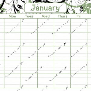 May include: A January calendar page featuring a grid layout with seven columns for days of the week. The header displays the month name in a light green box. The design includes black and light green floral scrollwork patterns at the top.