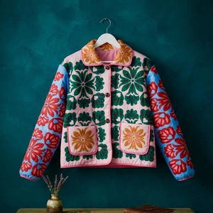 May include: A quilted jacket featuring a light pink base with a dark green floral pattern on the body and collar. The long sleeves display a vibrant red and blue floral print. The jacket includes two front pockets and a button-down front closure.