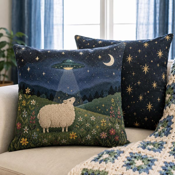 UFO Sheep Pillow Cover, Alien Abduction Throw Pillow, Celestial Tapestry Cushion, Whimsical Sci Fi Home Decor, Space Pillowcase
