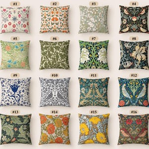 May include: A collection of sixteen square throw pillows arranged in a grid, each featuring distinct botanical and avian patterns with varied color palettes including floral reds, deep blues, forest greens, and warm oranges on patterned fabric.