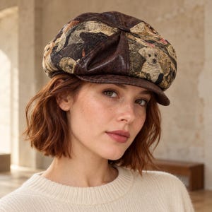 May include: A newsboy cap featuring a multi-colored tapestry fabric with dog illustrations and dark brown faux leather panels. The hat has a structured brim and a button detail at the top center, combining textured fabric with smooth leather.