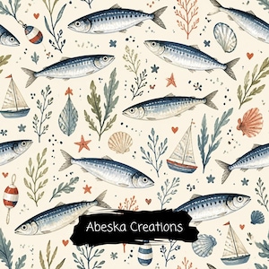 Op de afbeelding: Een naadloos patroon op een crèmekleurige achtergrond met illustraties van blauwe en zilveren vissen, zeilboten, schelpen, zeesterren, zeewier en rood-witte visdobbers. De tekst Abeska Creations is in het zwart afgedrukt.