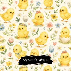 May include: A seamless pattern featuring yellow chicks, colourful flowers, small hearts, and speckled eggs on a cream background. The text Abeska Creations is printed in white on a black brushstroke shape in the centre of the design.