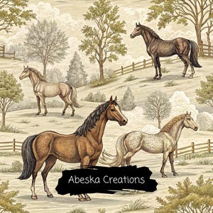 May include: A fabric pattern featuring a repeating illustration of horses in a pastoral landscape with trees and wooden fences. The colour palette consists of muted earth tones, browns, and creams. The text Abeska Creations is visible.