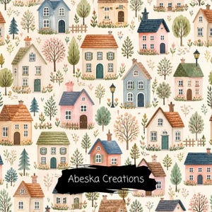 May include: A repeating pattern of watercolour houses in shades of pink, blue, and beige, interspersed with trees, shrubs, and street lamps on a cream background. A black brushstroke overlay features the white text Abeska Creations.