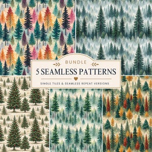Op de afbeelding: Een digitaal pakket met vijf naadloze patronen met bosthema's met dennenbomen in verschillende kleuren, waaronder groen, oranje en rood. De centrale tekst luidt BUNDLE 5 SEAMLESS PATTERNS SINGLE TILES & SEAMLESS REPEAT VERSIONS.