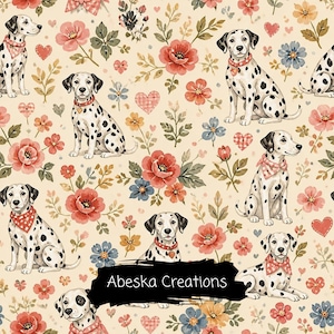 May include: A repeating pattern featuring white Dalmatian dogs with black spots, wearing various patterned neckerchiefs and collars, interspersed with red and blue flowers, green leaves, and small hearts on a cream background. Text reads Abeska Creations.