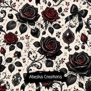 May include: A seamless pattern featuring black and deep red roses, dark ornate vines, black bows, and heart-shaped accents on a cream background. The text Abeska Creations is printed in white over a black brushstroke shape in the lower center.