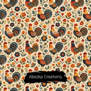 Può includere: Un motivo ripetitivo su sfondo crema con galli dal piumaggio rosso, arancione e blu, intervallati da piccoli fiori, foglie e cuori rossi. Un rettangolo nero a forma di pennellata mostra il testo Abeska Creations.