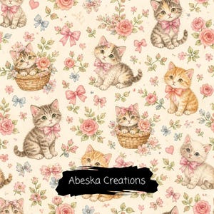 Vintage Floral Kitten Seamless Pattern – Nursery Fabric, Gift Wrap (Digital Download)