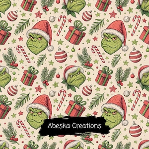 May include: A repeating pattern featuring green characters wearing red Santa hats, red and green gift boxes, striped candy canes, red ornaments, and pine branches on a light background. The text Abeska Creations is visible.