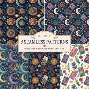 Puede incluir: Un paquete digital de 5 patrones sin costuras con motivos celestiales y místicos. Los diseños incluyen soles, lunas, estrellas, cartas de tarot, rosas y follaje en paletas de azul oscuro, oro y blanco. Texto: BUNDLE 5 SEAMLESS PATTERNS.