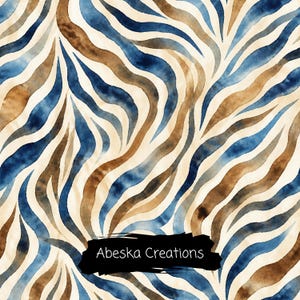 May include: A seamless pattern featuring wavy, organic stripes in shades of deep blue, warm brown, and cream. The design has a watercolour texture with fluid, flowing lines. A black rectangular label with the white text Abeska Creations is centred.