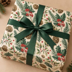 May include: A square gift box wrapped in cream-coloured paper featuring a botanical pattern of green pine needles, brown pinecones, and clusters of red berries. The package is tied with a dark green satin ribbon arranged in a centred bow.