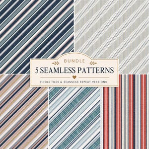 Puede incluir: Un paquete digital de cinco patrones sin costuras con varios diseños de rayas en paletas de colores azul marino, rojo, beige y azul. La etiqueta central muestra el texto BUNDLE 5 SEAMLESS PATTERNS SINGLE TILES & SEAMLESS REPEAT VERSIONS.