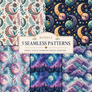 Puede incluir: Un paquete digital de cinco patrones sin costuras con temas celestiales. Los diseños incluyen lunas crecientes con elementos florales, cielos estrellados con planetas, siluetas de bosques bajo la luna y nubes moradas, con el texto BUNDLE 5 SEAMLESS PATTERNS.