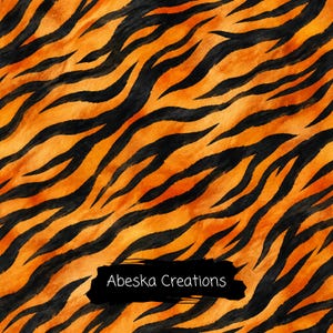 May include: A repeating tiger stripe pattern featuring bold, black, wavy lines set against a vibrant orange background with a watercolor texture. A black rectangular brushstroke overlay contains the white text Abeska Creations.