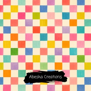 May include: A repeating grid pattern of multicolored squares in shades of pink, yellow, orange, green, blue, and purple, separated by cream-colored lines. A black brushstroke graphic with the white text Abeska Creations is centered.