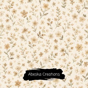May include: A repeating pattern of watercolor-style light brown flowers and thin stems on a cream background. A black brushstroke shape is overlaid at the bottom center with the white text Abeska Creations printed clearly across it.