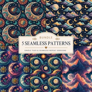 Può includere: Un pacchetto digitale di cinque motivi senza cuciture con temi celestiali che includono lune, soli, stelle e nuvole in colori vivaci. Il testo centrale recita BUNDLE 5 SEAMLESS PATTERNS SINGLE TILES & SEAMLESS REPEAT VERSIONS.