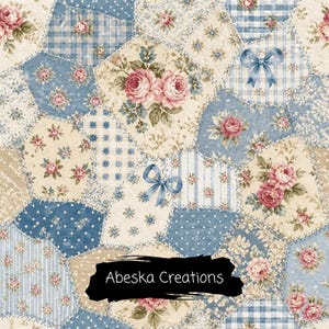 May include: A fabric pattern featuring a patchwork design of blue and cream sections with floral prints, gingham checks, polka dots, and stripes. The design includes pink rose clusters and blue ribbon bows. The text Abeska Creations is visible.