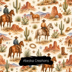 Motivo a ripetizione senza soluzione di continuità con cactus cowboy ad acquerello – Cavalli del deserto e rocce rosse (download digitale)
