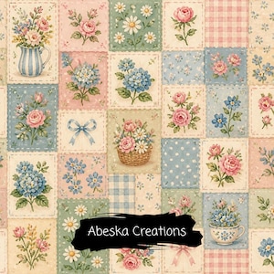 Puede incluir: Un patrón de tela con una cuadrícula de bloques rectangulares con ilustraciones florales, incluyendo rosas, margaritas y hortensias, junto con lazos azules, cuadros vichy y lunares. El texto Abeska Creations es visible.