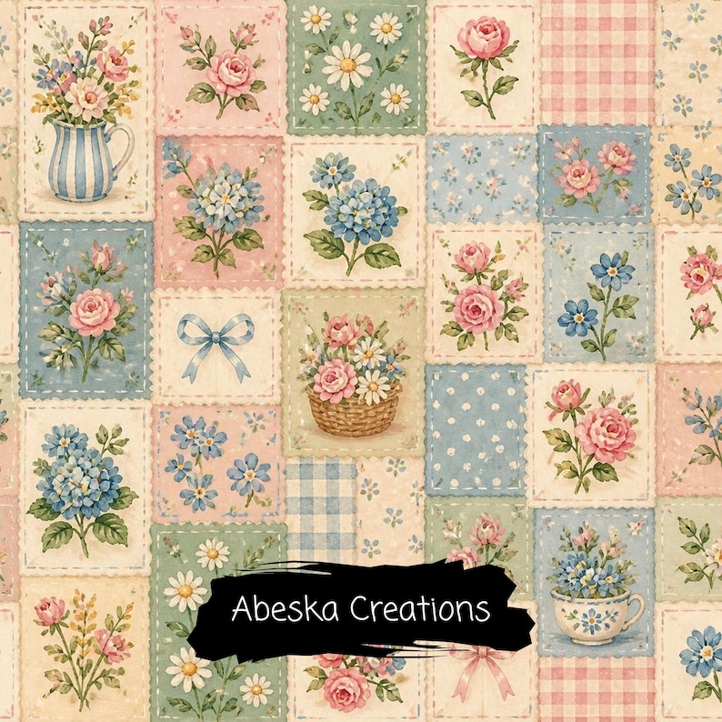 May include: A fabric pattern featuring a patchwork grid of rectangular blocks with floral illustrations, including roses, daisies, and hydrangeas, alongside blue bows, gingham, and polka dot prints. The text Abeska Creations is visible.