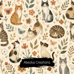 May include: A repeating pattern featuring various cats in different poses, including sitting, stretching, and curled up, interspersed with orange flowers, green leaves, and butterflies on a cream background. The text Abeska Creations is visible.