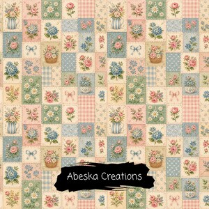 May include: A repeating fabric pattern featuring rectangular patches of floral arrangements, including roses, daisies, and hydrangeas in vases, baskets, and teacups, interspersed with bows and gingham checks. A black brushstroke contains the text Abeska Creations.