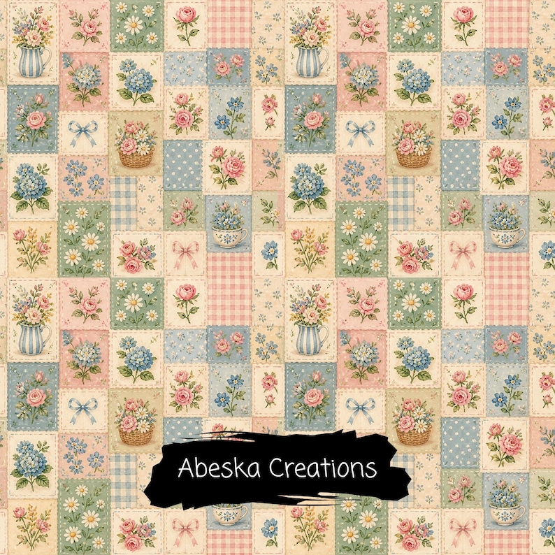 May include: A repeating fabric pattern featuring rectangular patches of floral arrangements, including roses, daisies, and hydrangeas in vases, baskets, and teacups, interspersed with bows and gingham checks. A black brushstroke contains the text Abeska Creations.