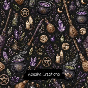 May include: A repeating pattern on a black background featuring illustrations of cauldrons with bubbling liquid, broomsticks, pentacles, crystals, candles, and moons. The text Abeska Creations is printed in white across a black rectangular overlay.