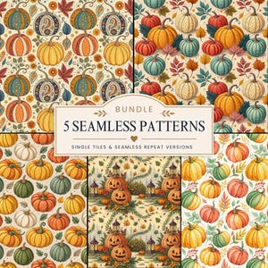 Può includere: Un pacchetto digitale di cinque motivi continui con varie illustrazioni di zucche, foglie autunnali e lanterne su sfondi color crema. Il testo centrale recita BUNDLE 5 SEAMLESS PATTERNS SINGLE TILES & SEAMLESS REPEAT VERSIONS.