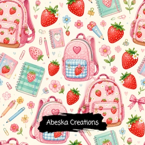 Puede incluir: Un patrón repetitivo con mochilas rosas, fresas rojas, cuadernos azul claro y verdes, lazos rosas y lápices sobre un fondo crema. El texto Abeska Creations está impreso en blanco sobre un trazo de pincel negro en el centro.