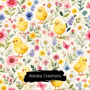 May include: A seamless pattern featuring yellow chicks, colourful wildflowers, and butterflies on a cream background. The text Abeska Creations is printed in white on a black brushstroke overlay across the lower centre of the image.