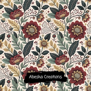 May include: A repeating floral pattern featuring deep red and golden yellow flowers with dark green leaves and small berries on a cream background. A black brushstroke overlay displays the white text Abeska Creations.