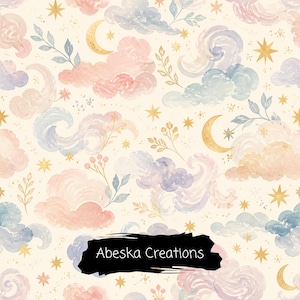 May include: A seamless pattern featuring watercolor clouds in shades of pink, blue, and lavender on a cream background, interspersed with golden crescent moons, four-pointed stars, and delicate leafy sprigs. A black brushstroke contains the text Abeska Creations.