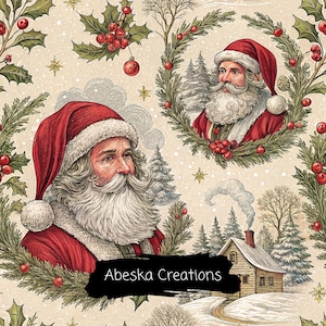 May include: A seamless pattern featuring illustrations of Santa Claus with a white beard and red hat, surrounded by green pine wreaths, red holly berries, and snowy winter landscapes with small houses. The text Abeska Creations is visible.