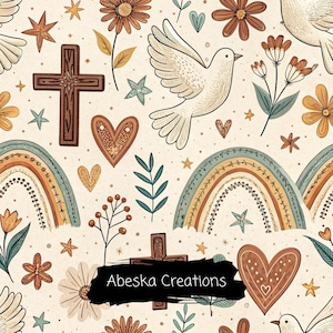 Boho Christian Seamless Pattern, Dove Cross Floral, Fabric Sublimation (Digital Download)