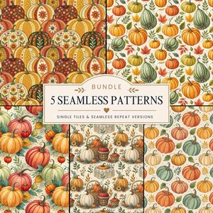 May include: A digital bundle of 5 seamless patterns featuring various pumpkin illustrations in orange, green, and cream colours with floral accents and leaves. The central text reads BUNDLE 5 SEAMLESS PATTERNS SINGLE TILES & SEAMLESS REPEAT VERSIONS.