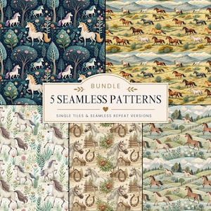 Può includere: Un pacchetto digitale di cinque motivi senza cuciture con cavalli e unicorni in vari paesaggi. Il testo centrale recita BUNDLE 5 SEAMLESS PATTERNS SINGLE TILES & SEAMLESS REPEAT VERSIONS. I design includono foreste fiorite, pianure desertiche, prati e fienili rustici.