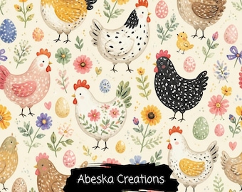 Farm Hens Flowers Seamless Pattern – Playful Chicks Digital Paper (Digital Download)