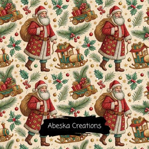 Peut inclure: Un motif répétitif représentant le Père Noël en manteau rouge avec un sac, un train jouet transportant des cadeaux et des branches de houx sur un fond beige. Le texte Abeska Creations est imprimé en blanc sur un rectangle noir au centre.