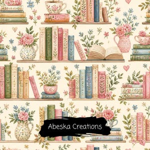 Può includere: Un motivo ripetitivo con scaffali pieni di libri colorati, composizioni floreali in brocche e tazze, e piccoli cuori su uno sfondo color crema. Una pennellata nera mostra il testo bianco Abeska Creations.
