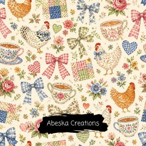 Può includere: Un motivo in tessuto con illustrazioni di galline, tazze da tè floreali, fiocchi a quadretti, cuori e quadrati patchwork su sfondo crema. Il testo Abeska Creations è stampato in bianco su una pennellata nera al centro.