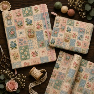 May include: A notebook with an elastic closure, a zipped pouch, and a fabric roll, all featuring a patchwork pattern of floral squares in pastel pink, blue, and green. The set includes vintage-style scissors and a spool of cream lace trim.