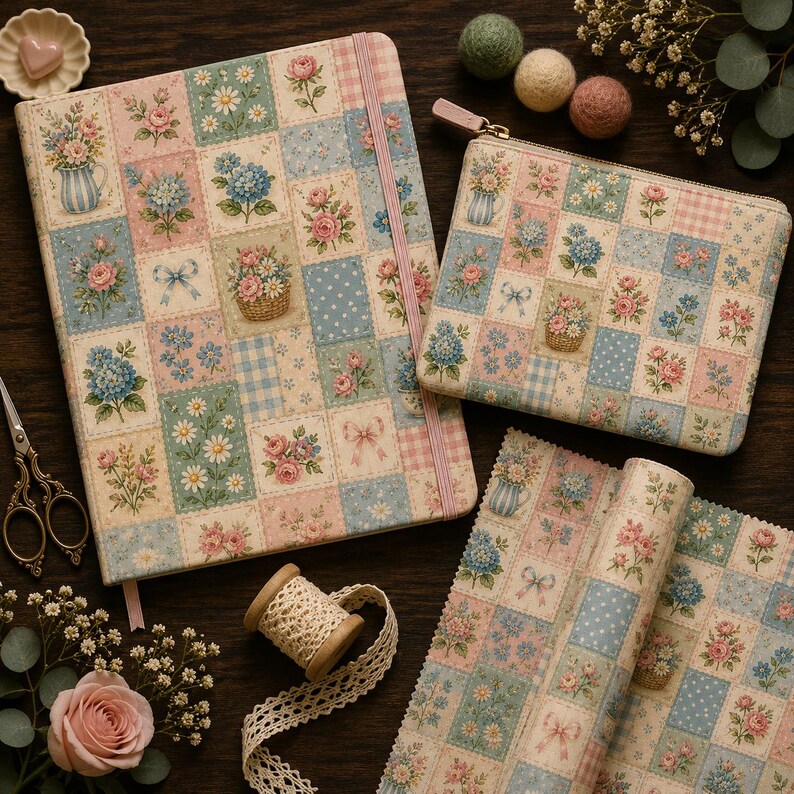 May include: A notebook with an elastic closure, a zipped pouch, and a fabric roll, all featuring a patchwork pattern of floral squares in pastel pink, blue, and green. The set includes vintage-style scissors and a spool of cream lace trim.