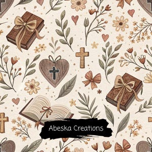 May include: A seamless pattern featuring illustrations of brown books with bows, wooden hearts with crosses, simple crosses, and various floral sprigs in muted earth tones on a cream background. The text Abeska Creations is visible.