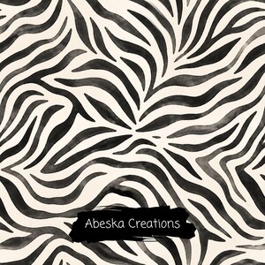 May include: A seamless pattern featuring black, watercolour-style zebra stripes on a cream-coloured background. A black, brushstroke-shaped graphic overlay at the bottom centre displays the white text Abeska Creations in a simple sans-serif font.