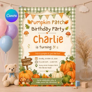 May include: A rectangular birthday party invitation card featuring a green and white gingham border, orange bunting, and pumpkin illustrations. The text reads: Pumpkin Patch Birthday Party, Charlie is turning 3, Sunday, October 25, 2026.